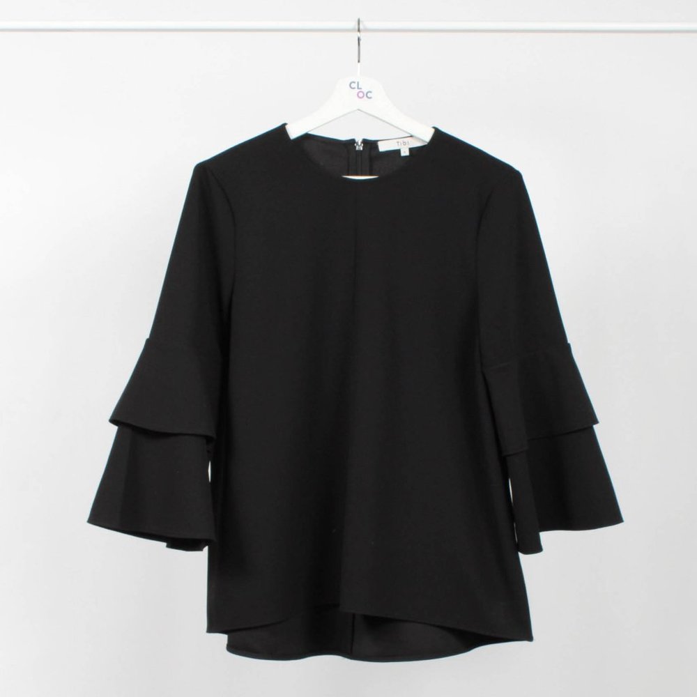Tibi Black Blouse with 3/4 Bell Sleeves